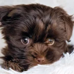 Chocolate Yorkie Terrier Puppy A charming chocolate Yorkshire terrier puppy is peeking out from a fluffy white blanket, its large, bright amber eyes alert and shining.